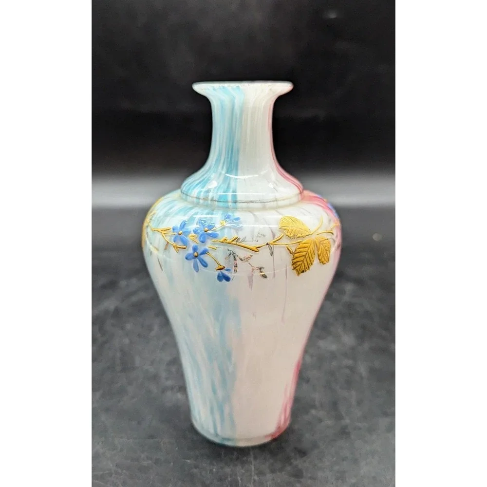 Vintage Bohemian Czech Art Glass Cased Pink Blue Vase Gold Leaf Enamel 6